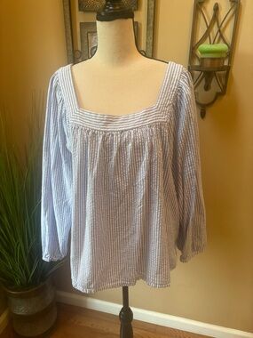 Terra & Sky Blue and White Striped Square Neck Blouse